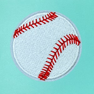 May include: White baseball with red stitching. The baseball is embroidered and has a round shape.