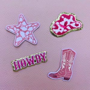 Pink Western Embroidered Iron-On Patches, Chenille Cowgirl Hat, Howdy, Pink Cowboy Boot, Western Star Patches for Jackets Sweatshirts & Bags