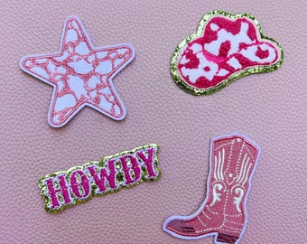Pink Western Embroidered Iron-On Patches, Chenille Cowgirl Hat, Howdy, Pink Cowboy Boot, Western Star Patches for Jackets Sweatshirts & Bags