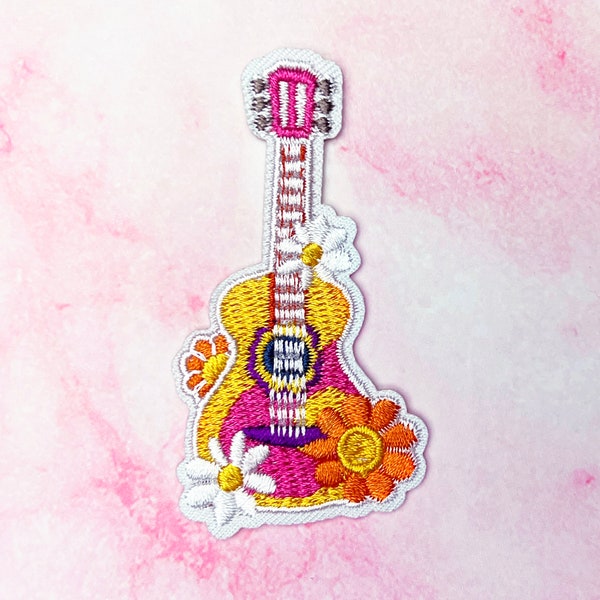 Guitar Iron-On Patch, Ukelele Hawaiian Vacation Tropical Vacation Travel Patch, Musical Patch with Flowers