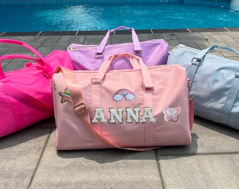 Personalized Patches Duffle Bag, Custom Hot Pink and Pastel Colored Overnight or Travel Bags for Girls, Dance and Cheer Bag with Patches