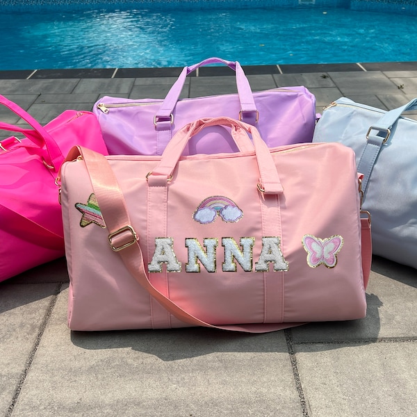 Personalized Patches Duffle Bag, Custom Hot Pink and Pastel Colored Overnight or Travel Bags for Girls, Dance and Cheer Bag with Patches