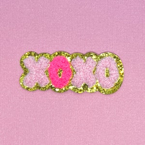 XOXO Neon Pink Chenille Iron On Patch, small patch