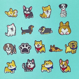 May include: A collection of 15 colorful embroidered iron-on patches featuring various dog breeds. The patches are perfect for adding a touch of personality to clothing, bags, or other fabric items.