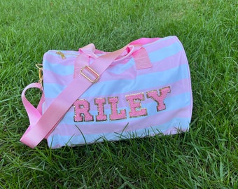 Kids Duffle Bag, Personalized Pink & White Striped Duffel Bag, Custom Diaper Bag, Overnight Bag for Girls Girls Travel Bag Personalized Gift