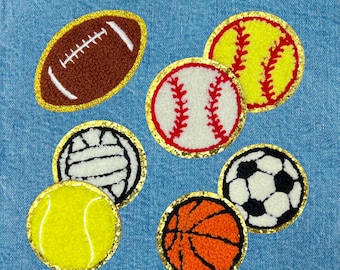 Sports Balls Chenille Self-Adhesive Patch, Baseball Softball Basketball Volleyball Soccer Football Tennis Ball DIY Patch, Iron-On Patch