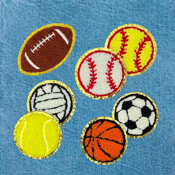 Sports Balls Chenille Self-Adhesive Patch, Baseball Softball Basketball Volleyball Soccer Football Tennis Ball DIY Patch, Iron-On Patch