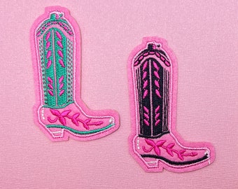 Pink Cowgirl Boot Patches, Western Embroidered Iron-On Patches