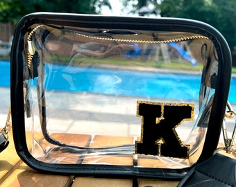 Black Clear Stadium Bag, Personalized Clear Concert Purse, Clear Football Game Stadium Bag, Custom Chenille Letter Patches Bag