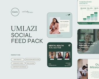 May include: A social media feed pack template with a green and white color scheme. The template includes images of people, text, and a logo. The text includes the words "UMLAZI SOCIAL FEED PACK", "MENTAL HEALTH: YOU MATTER", "THE FOUNDER", "How you can make a difference in your community", and "Our Mission".