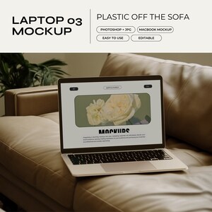 May include: A silver laptop computer with a white background open on the screen. The screen displays the word "Mockups" in a black box with a white background. The laptop is sitting on a brown leather couch.