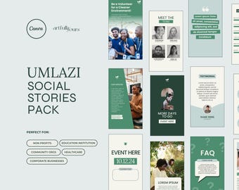 May include: A social media template pack for organizations, featuring a green and white color scheme with text that says "UMLAZI SOCIAL STORIES PACK". The pack includes templates for events, testimonials, FAQs, and more.