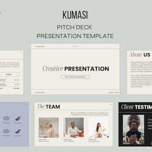 May include: A presentation template for a pitch deck with the title "KUMASI Pitch Deck Presentation Template". The template includes a variety of slides, including a slide about the company, a slide about the team, and a slide with a client testimonial.