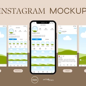 以下が含まれることがあります： Instagram のプロフィール、ストーリー、投稿、リールのモックアップ。各モックアップには、白い雲と緑の丘のある青い空が描かれています。プロフィールのモックアップには、ユーザー名、プロフィール写真、投稿数、フォロワー数、フォロー数、ハイライトが表示されます。投稿のモックアップには、赤いハートのアイコン、コメントのアイコン、送信のアイコン、ブックマークのアイコンが表示されます。テキスト「700 いいね」が表示されます。リールのモックアップには、再生ボタンのアイコンが表示されます。