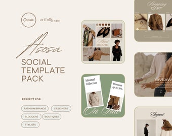May include: A social media template pack for fashion brands, bloggers, stylists, designers, and boutiques. The pack includes templates for mood boards, shopping carts, giveaways, and discount announcements. The templates feature a minimalist aesthetic with a neutral color palette of beige, brown, and green.