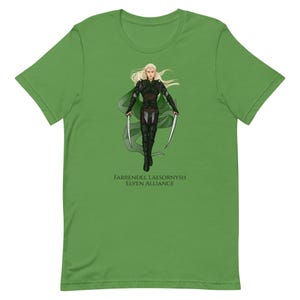 May include: Green t-shirt featuring an illustration of a blonde elf warrior with a green cloak and two swords. The text "FARRENDEL LAESORNYSH ELVEN ALLIANCE" is printed below the illustration.