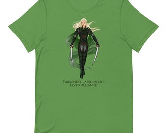 May include: Green t-shirt featuring an illustration of a blonde elf warrior with a green cloak and two swords. The text "FARRENDEL LAESORNYSH ELVEN ALLIANCE" is printed below the illustration.