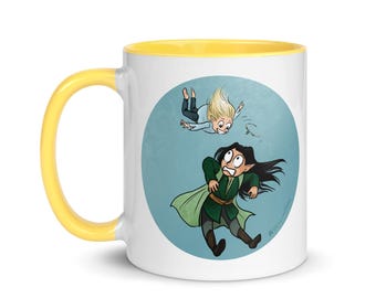 May include: A white ceramic mug with a yellow rim features a cartoon illustration of two characters. One character is falling from the sky, while the other character is looking up in surprise. The background is a light blue circle with a white outline.