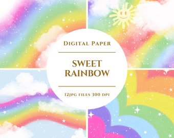 Sweet Rainbow Digital Paper, Rainbow Backgrounds Pattern Papers, Rainbow Star, Rainbow Scrapbook Paper, Colorful Rainbow, Digital Download