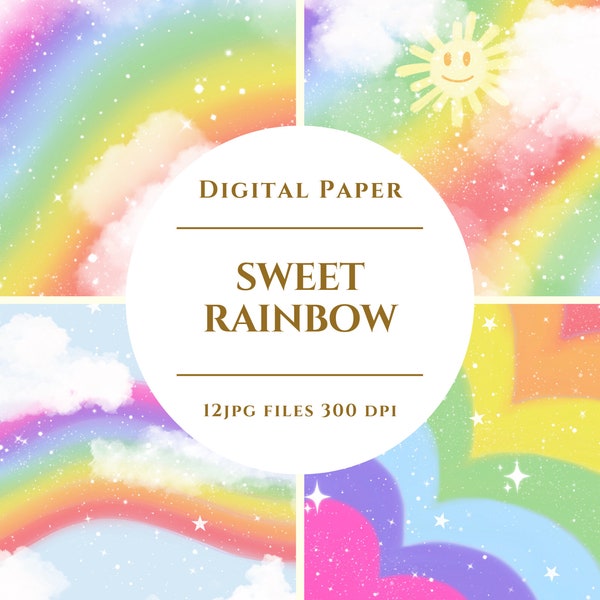 Sweet Rainbow Digital Paper, Rainbow Backgrounds Pattern Papers, Rainbow Star, Rainbow Scrapbook Paper, Colorful Rainbow, Digital Download