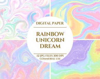 Rainbow Unicorn Dream Digital Paper, Rainbow Unicorn Fantasy, La alegría del color y la magia A Rainbow Unicorn Dream, Descarga digital