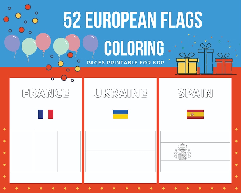 Páginas para colorear de banderas europeas imprimibles para niños / Archivo PDF Carta de EE. UU. / Descarga instantánea KDP / Libro para colorear para niños imagen 1