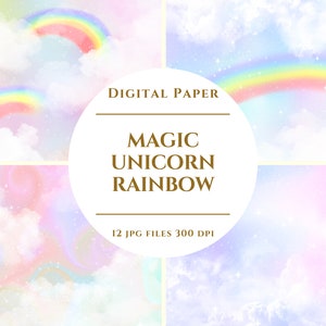 Magic Unicorn Rainbow Digital Paper, rainbow pastel Clipart , Watercolor Unicorns Background, 12 digital Illustration, Digital Download