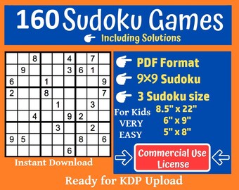 KDP 160 Sudoku Puzzles für Kinder - Kommerzielle Nutzungslizenz - Sofortiger Download - KDP Kindle Direct Publishing Bereit zum Hochladen - Sehr einfach