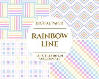 Rainbow Line Digital Paper, Rainbow Clipart, Digital Rainbow Backgrounds, Rainbow Scrapbook Paper, Commercial Use, Digital Download