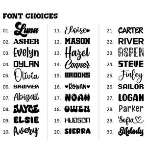 Puede incluir: Una tabla en blanco y negro titulada FONT CHOICES que muestra treinta estilos de texto numerados. Cada entrada presenta una tipograf&iacute;a &uacute;nica, desde cursivas y letras de bloque en negrita hasta dise&ntilde;os pixelados y decorativos, con nombres como Luna, Asher y Melody.