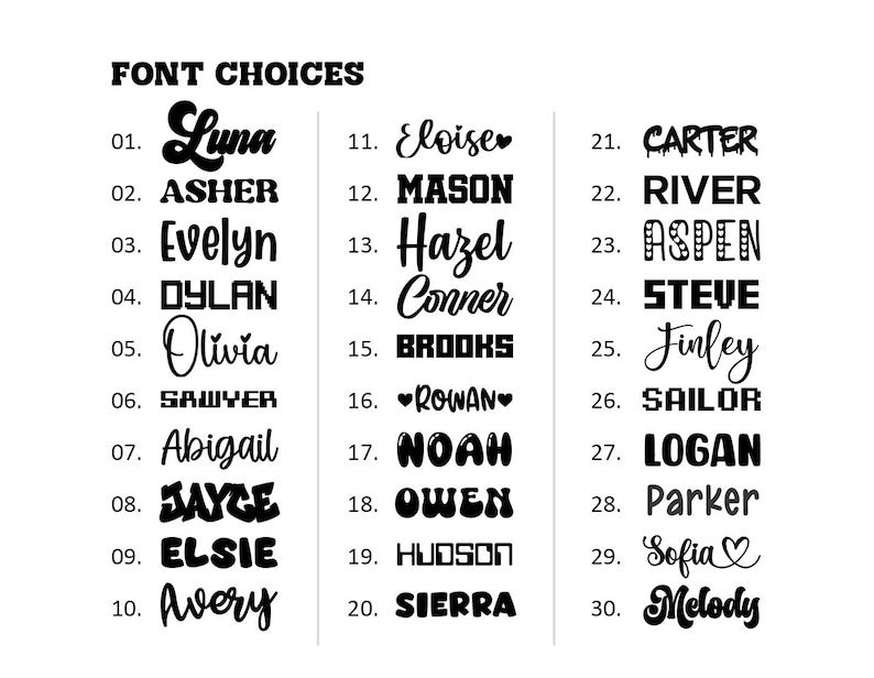Puede incluir: Una tabla en blanco y negro titulada FONT CHOICES que muestra treinta estilos de texto numerados. Cada entrada presenta una tipograf&iacute;a &uacute;nica, desde cursivas y letras de bloque en negrita hasta dise&ntilde;os pixelados y decorativos, con nombres como Luna, Asher y Melody.