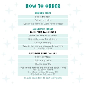 Puede incluir: Un gr&aacute;fico de instrucciones titulado HOW TO ORDER con texto en color cerceta sobre un fondo blanco con iconos de estrellas. Describe los pasos para pedir art&iacute;culos individuales, art&iacute;culos m&uacute;ltiples con la misma fuente y color, o diferentes opciones.