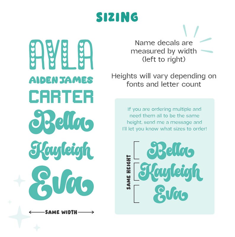 Puede incluir: Una gu&iacute;a de tallas para pegatinas con nombres en texto color cerceta. Muestra ejemplos de nombres como Ayla, Aiden James, Carter, Bella, Kayleigh y Eva en varias fuentes. El texto explica que las pegatinas se miden por su anchura.