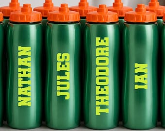 Team water bottle name sticker up to 6" all same height. Choose a font - matte and glossy vinyl party favor, sport name sticker