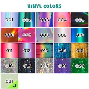 Puede incluir: Una carta de colores titulada VINYL COLORS que muestra veintiuna muestras numeradas. La cuadr&iacute;cula presenta varios acabados iridiscentes, hologr&aacute;ficos, met&aacute;licos y s&oacute;lidos en tonos azul, rosa, morado, verde, oro, plata y negro.