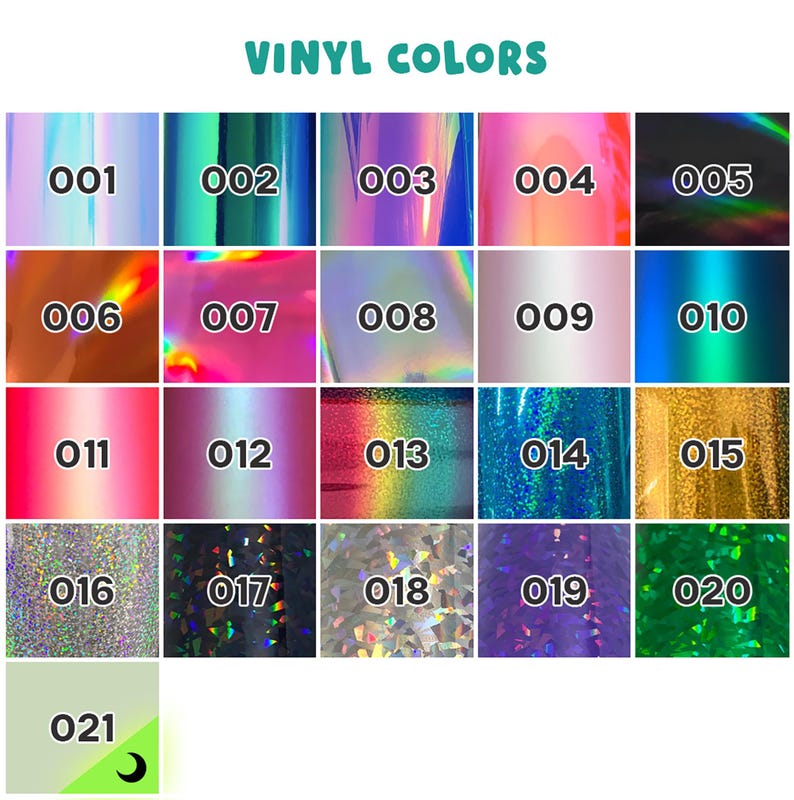 Puede incluir: Una carta de colores titulada VINYL COLORS que muestra veintiuna muestras numeradas. La cuadr&iacute;cula presenta varios acabados iridiscentes, hologr&aacute;ficos, met&aacute;licos y s&oacute;lidos en tonos azul, rosa, morado, verde, oro, plata y negro.