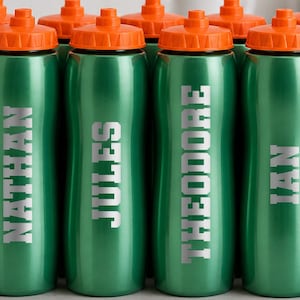 May include: Green water bottles with orange lids are displayed. Each bottle has a name printed in white: NATHAN, JULES, THEODORE, and IAN. The bottles are cylindrical and appear to be made of metal.
