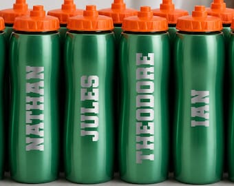 Team water bottle names up to 6" all same height. Choose a font - Holographic, glitter, party favor, sport name