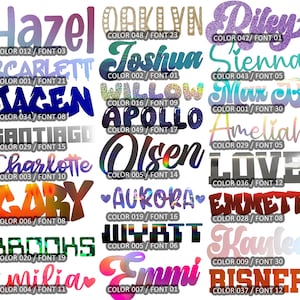 Puede incluir: Una colecci&oacute;n de nombres mostrados en varias fuentes y colores, incluyendo Hazel, Oaklyn, Riley, Scarlett, Joshua, Sienna, Jacen, Willow, Max B, Apollo, Ameliah, Santiago, Olsen, Love, Charlotte, Aurora, Emmett, Gary, Wyatt, Kaylee, Brooks, Emmi, Emilia y Risner.