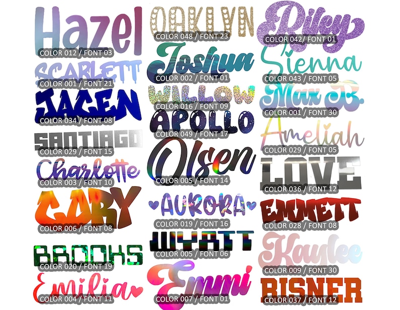 Puede incluir: Una colecci&oacute;n de nombres mostrados en varias fuentes y colores, incluyendo Hazel, Oaklyn, Riley, Scarlett, Joshua, Sienna, Jacen, Willow, Max B, Apollo, Ameliah, Santiago, Olsen, Love, Charlotte, Aurora, Emmett, Gary, Wyatt, Kaylee, Brooks, Emmi, Emilia y Risner.