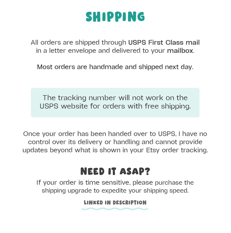 Puede incluir: Un gr&aacute;fico informativo con el t&iacute;tulo SHIPPING en color verde azulado, seguido de texto que explica el env&iacute;o por USPS First Class, limitaciones de seguimiento y una secci&oacute;n titulada NEED IT ASAP? con instrucciones para mejoras de env&iacute;o.
