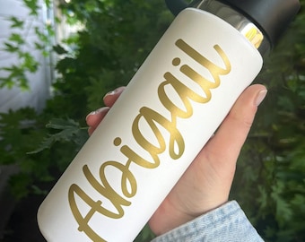 Personalized name vinyl decal, holographic water bottle decal, script, glitter