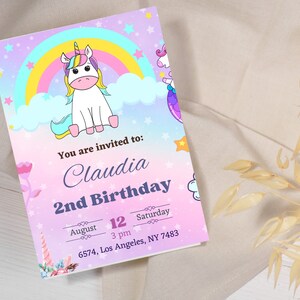 Unicorn verjaardagsuitnodiging, uitnodiging voor eenhoorn feest, eenhoorn verjaardagsuitnodiging downloaden, regenboog eenhoorn verjaardagsuitnodiging