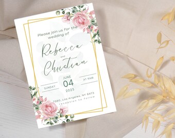 Floral wedding invitation card, floral wedding invitation download, wedding invitation minimalist floral, pink floral wedding invitation