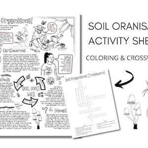 以下が含まれることがあります： 「Soil Organisms!」と題された白黒の教育用アクティビティシート。ミミズ、節足動物、菌類のイラストとクロスワードパズルが描かれています。「Coloring & Crossword」の文字が含まれています。