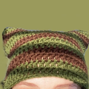 May include: A green and brown striped crocheted hat with cat ears.