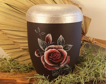Handpainted Rose Bio Urn, Biodegradable Funeral Urn with Silver Lid