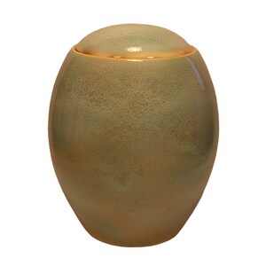 May include: A green ceramic urn with a lid. The urn has a speckled finish and a smooth, rounded shape.