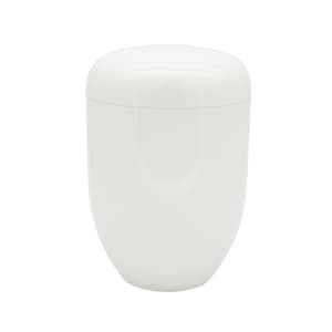 Könnte beinhalten: Eine weiße, glänzende Urne mit rundem Deckel und glattem, sich verjüngendem Körper. Die Urne hat ein schlichtes, elegantes Design, das für Gedenkzwecke geeignet ist. Die Form erinnert an eine klassische Vase.