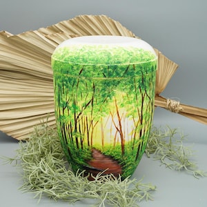 Urn Forest Path Artist Urn Human Ash Hand Painted Urn Keepsake Memorial Biodegradable Urn Cremation Urn Funeral Urn Box for Burial